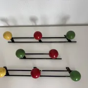 Vintage 1960s tricolour coat rack trio with 3 ball hooks - 45 x 6 / 2
