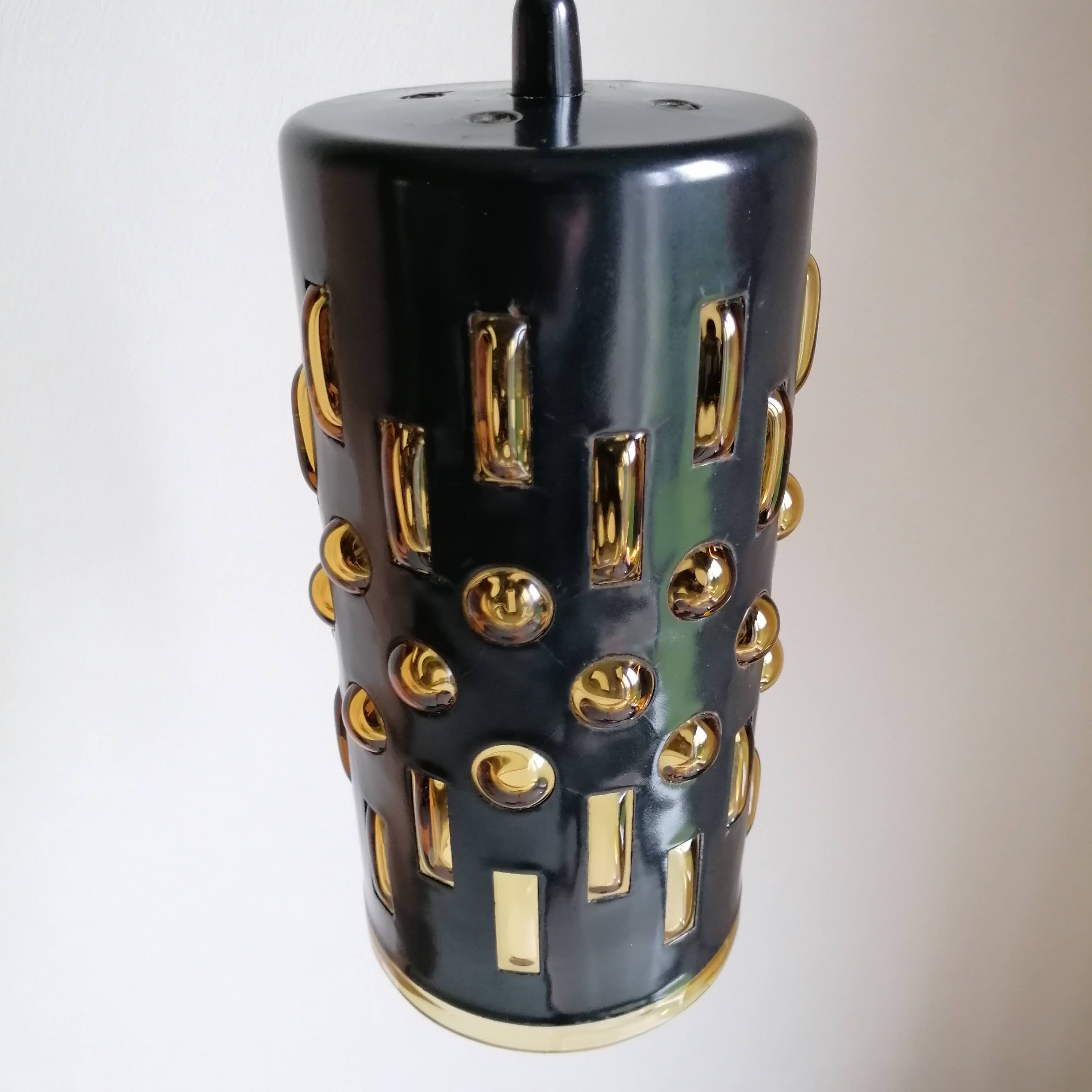 Amber blown glass and midnight blue metal hanging lamp 1960