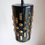 Amber blown glass and midnight blue metal hanging lamp 1960