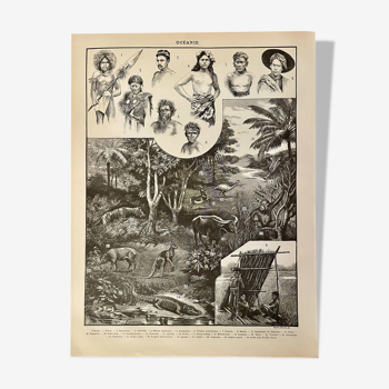 Lithographie et carte sur l'Océanie - 1900