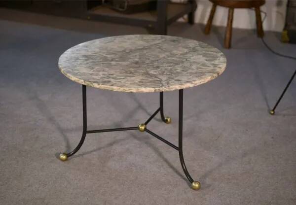 Marble side table with wrought iron base and brass balls in the style of Jean Royère, 1940s
