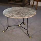 Marble side table with wrought iron base and brass balls in the style of Jean Royère, 1940s