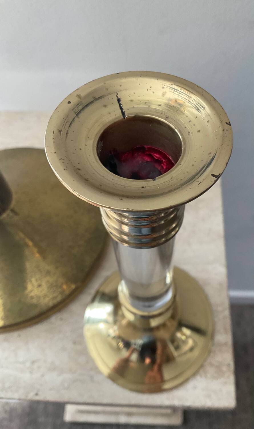 Duo of vintage brass and lucite candlesticks
