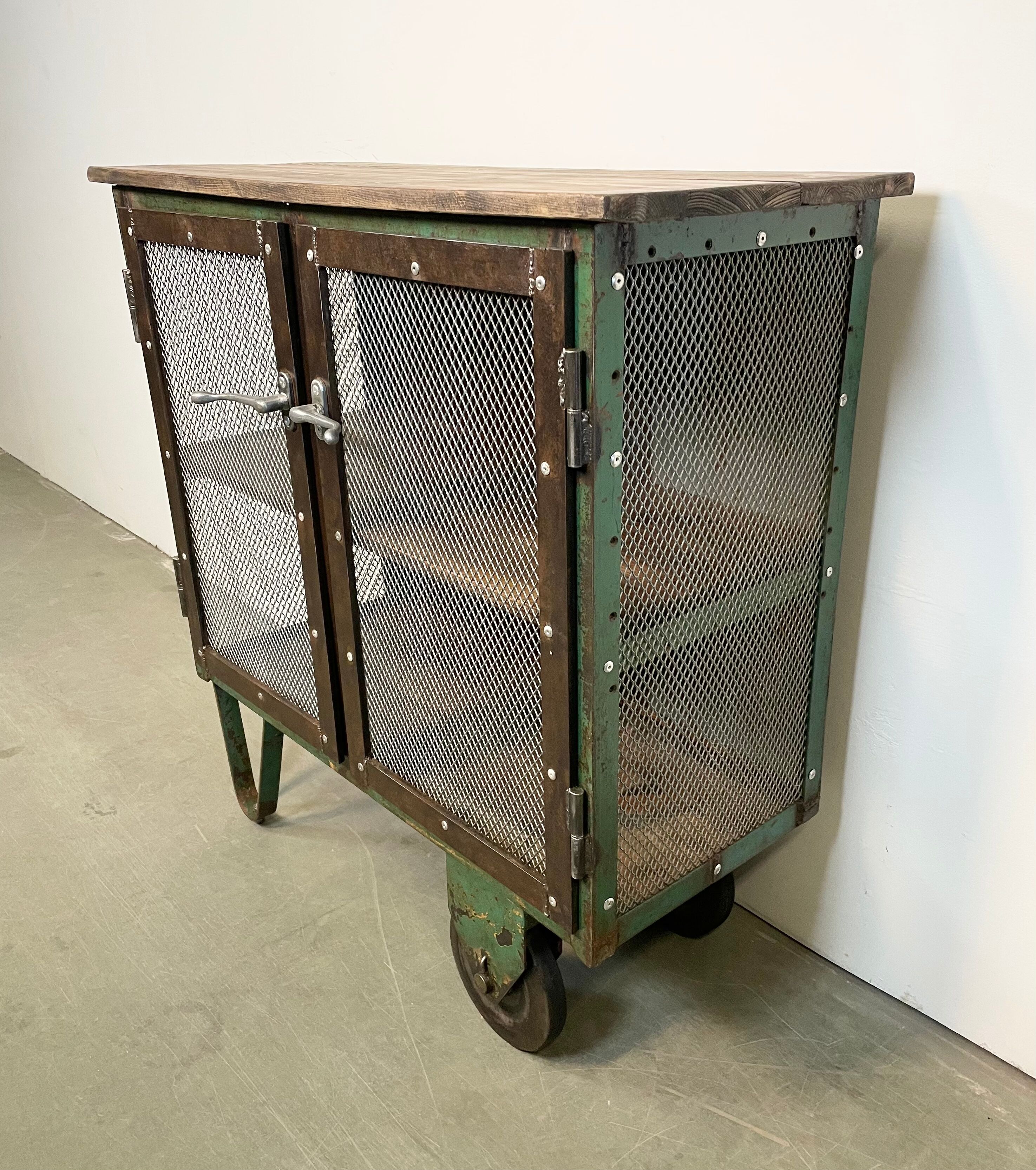 Industrial Iron Cabinet with Mesh Doors on Wheels, 1960s