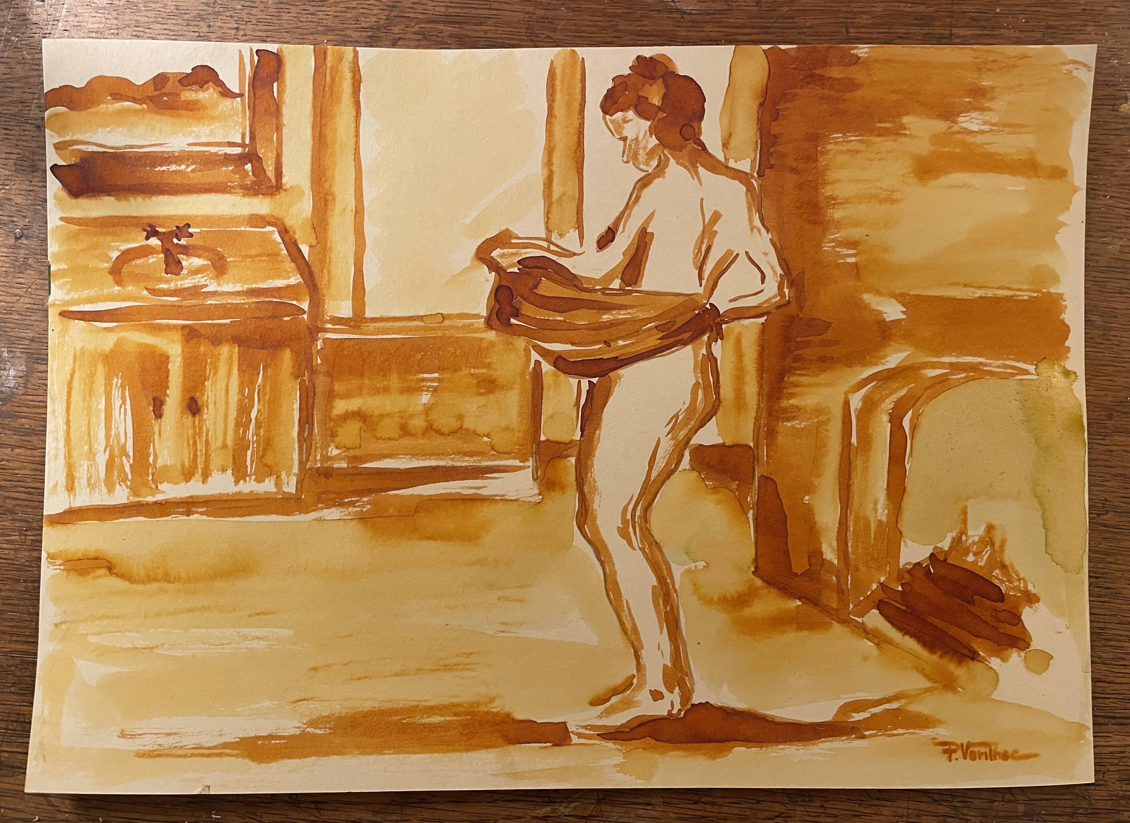 Red chalk watercolor portrait of a woman "study of coming out of the bath"