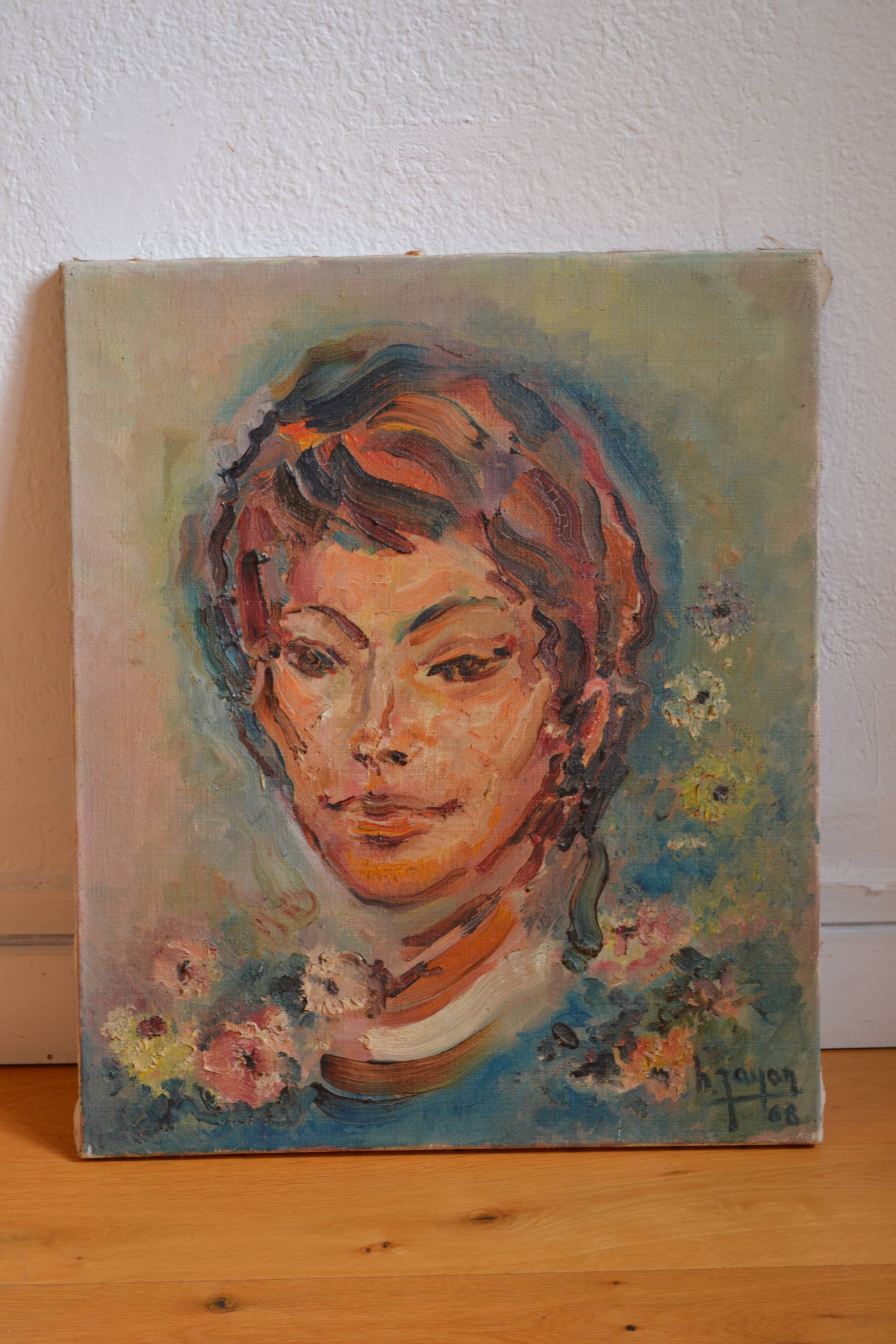 Portrait by Henri Zayan, HST painting, French school, mid-20th century.