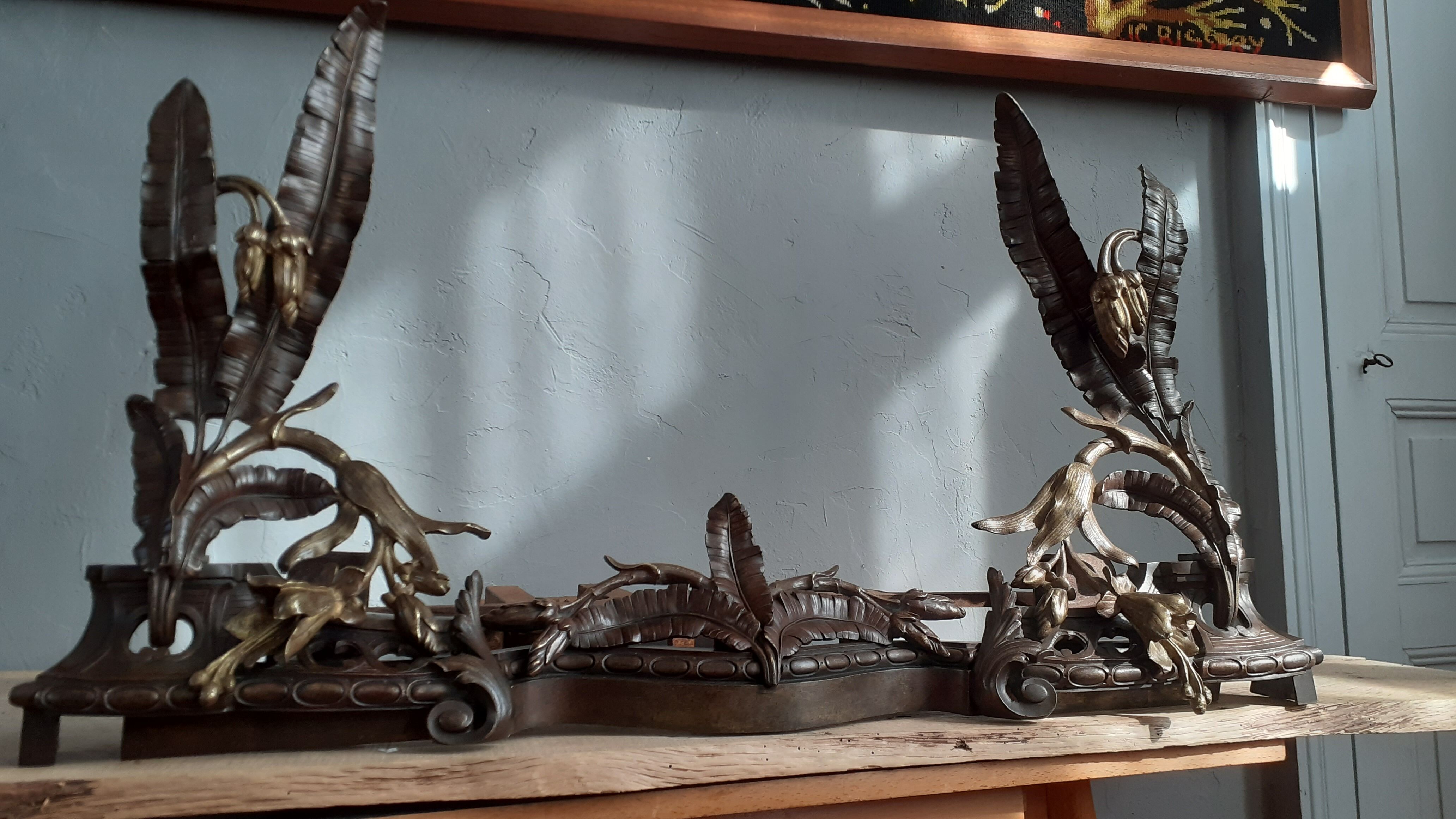 Front of bronze fireplace and chenets, Art Nouveau vegetal décor circa 1900