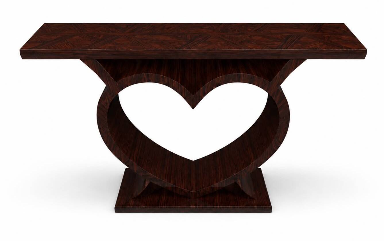 Une console Art Déco en hêtre et palissandre en forme de cœur