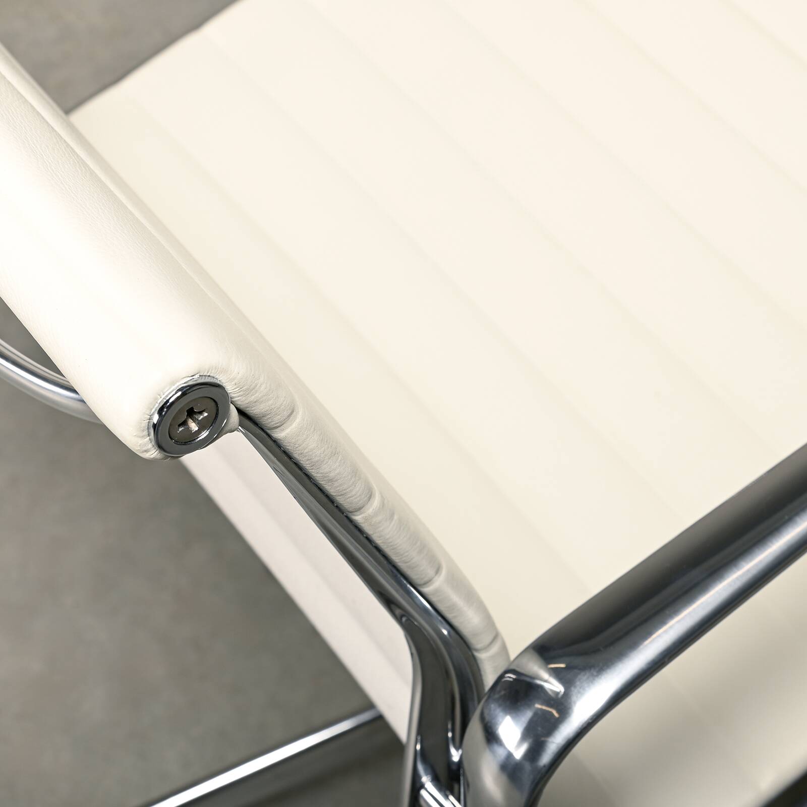 Charles & Ray Eames EA108 Dining Chair in Polished Aluminum and White leath