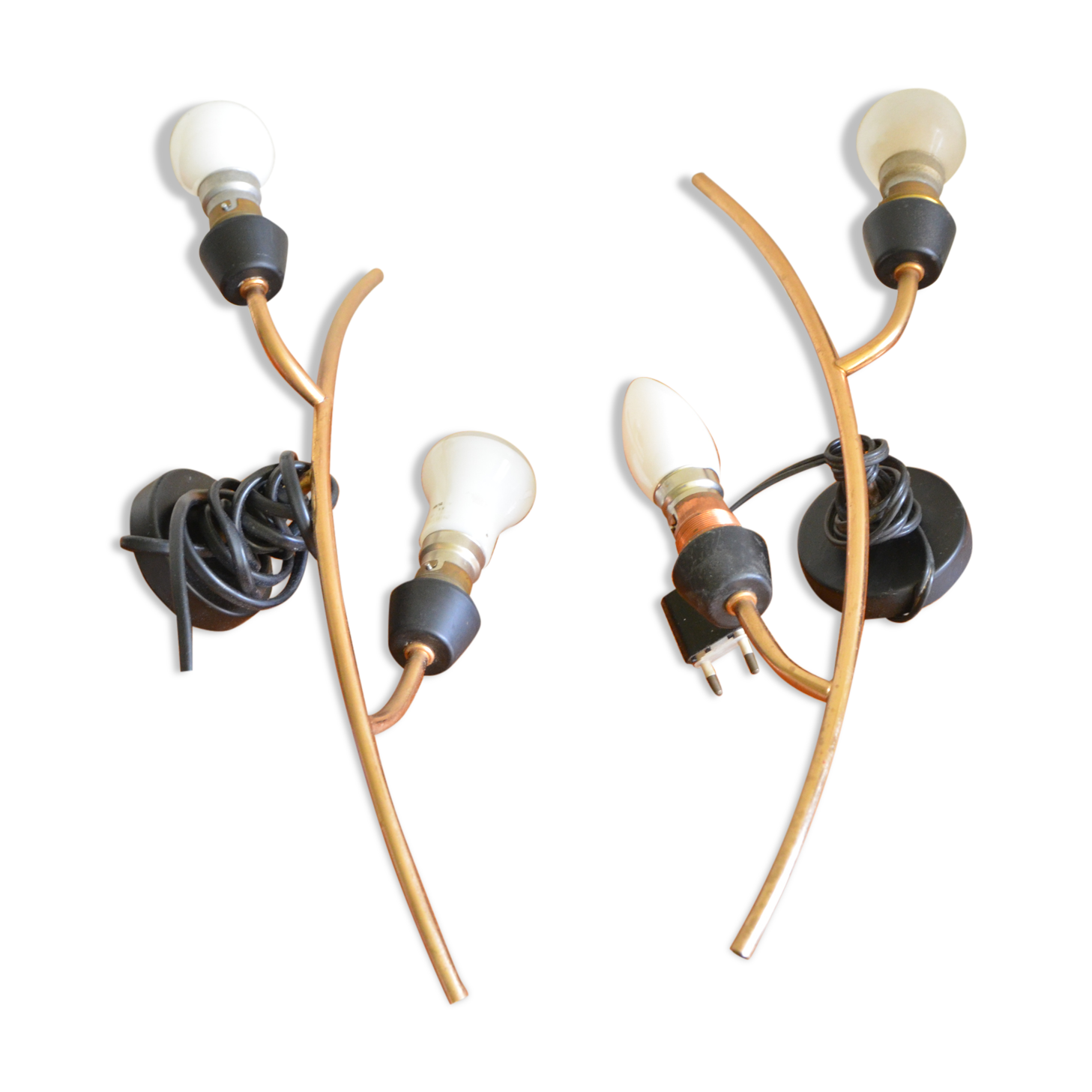 Pair of stylized 2-branch brass wall lights