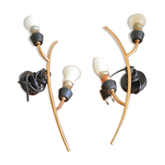 Pair of stylized 2-branch brass wall lights