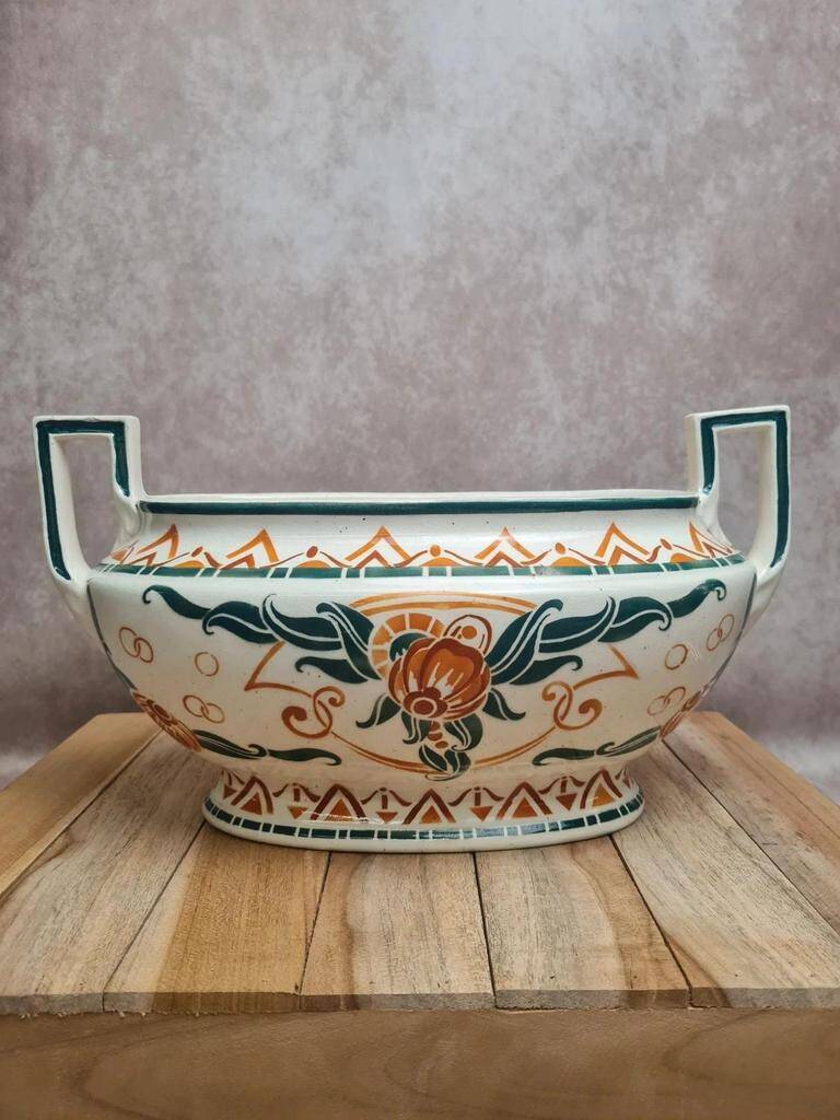 Art Deco Jardinière Moulin des Loups Orchies – stylised green & terracotta decoration – double handle