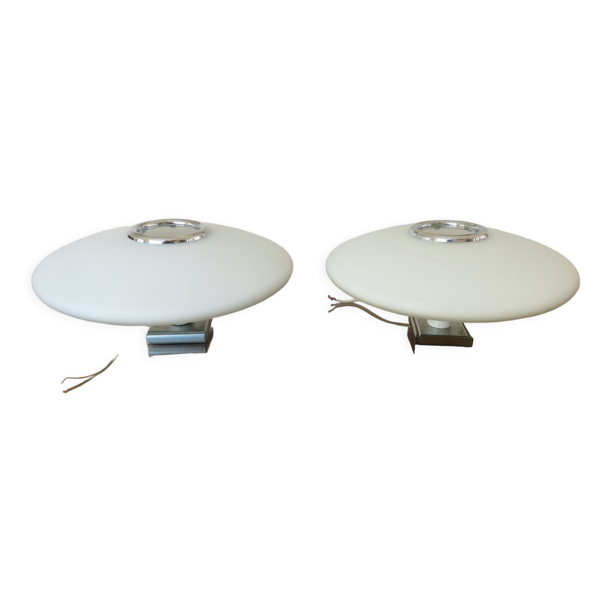 Pair of wall lamps saucer space age in white opaline 1970