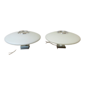 Pair of wall lamps saucer space age in white opaline 1970