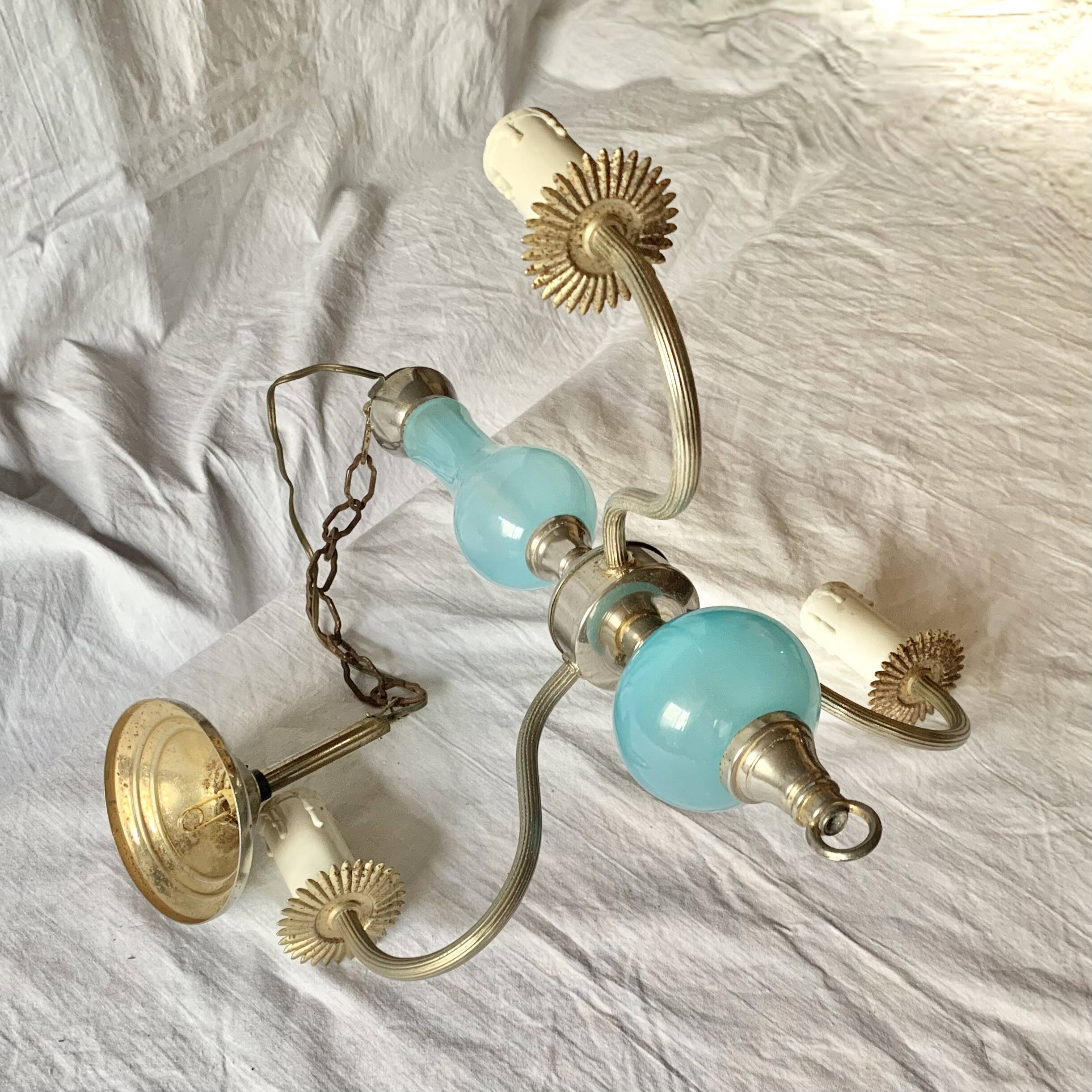 Turquoise opaline and vintage metal chandelier - 3 arms