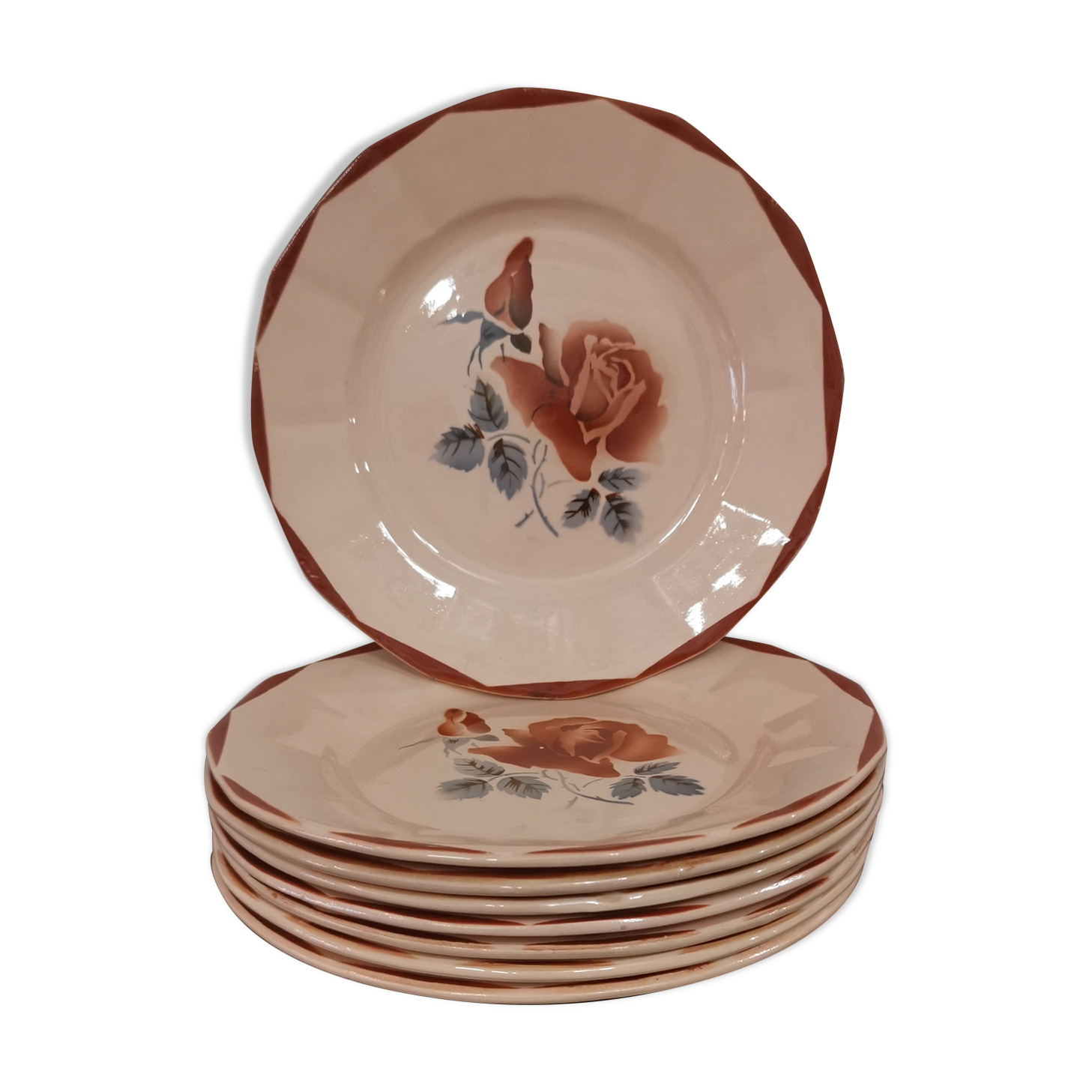 Set of 8 old flat plates Digoin Sarreguemines 9181 Pink pattern