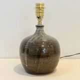 XXL Vintage stoneware lamp base signed brown raffia lampshade 1970