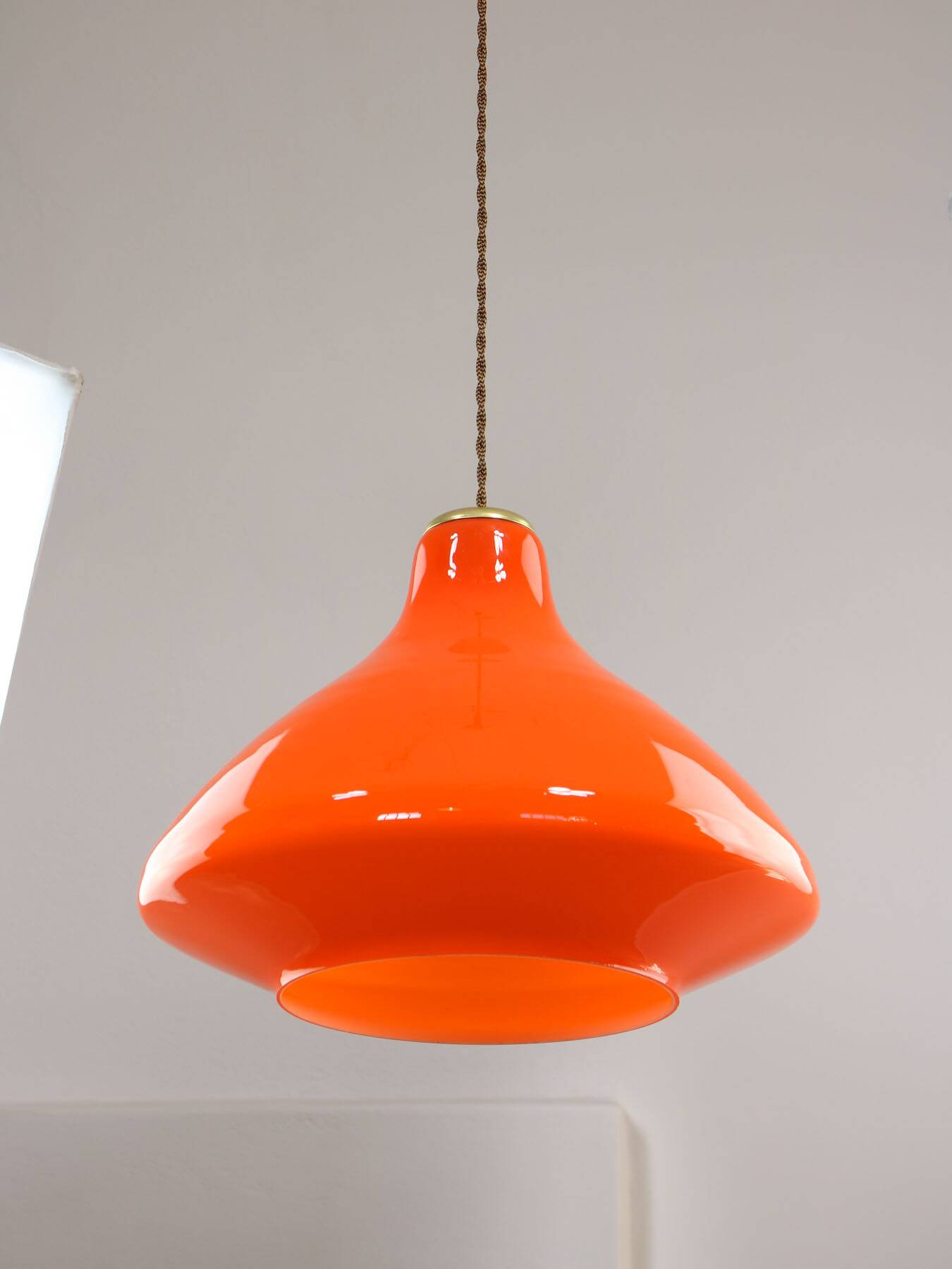 Mid-Century Italian Orange Glass and Brass Pendant Lamp