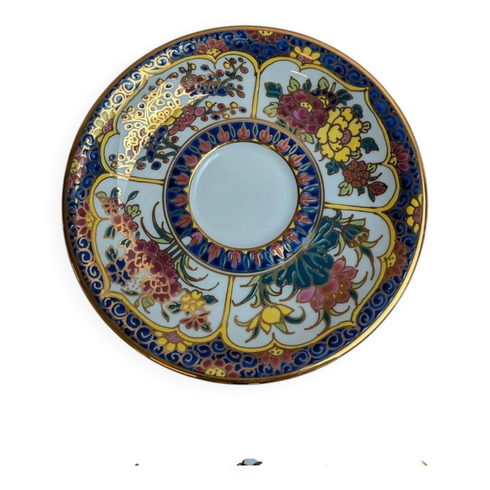 Set of 4 hand-painted saucers from Thailand – Polychrome floral decoration and gilding.