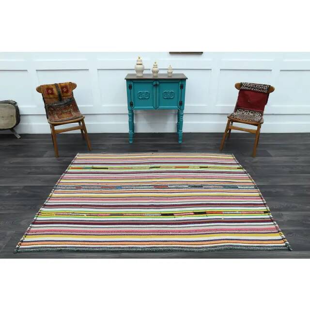 Vintage Turkish Oushak handmade wool cotton pink green runner rug 150x207