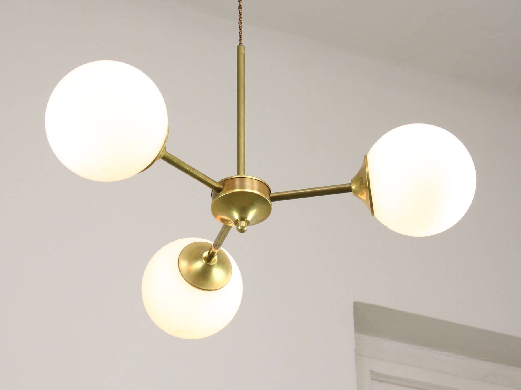 Italian Mid century Modern Chandelier in Brass and Opaline Glass, 1960s