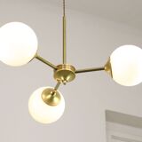 Italian Mid century Modern Chandelier in Brass and Opaline Glass, 1960s