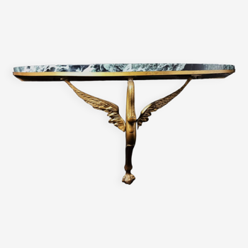 Wall Console with Swan in Gilt Bronze and Green Marble Top