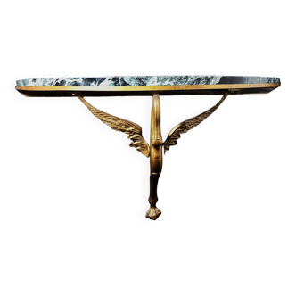 Wall Console with Swan in Gilt Bronze and Green Marble Top