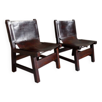 Paire de fauteuils brutalistes en bois & cuir, 1970