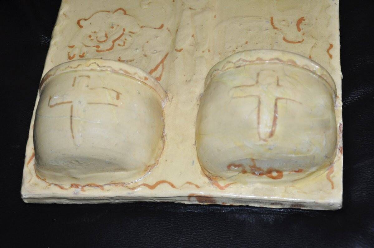 Terracotta plaque signed MSD Anne Dangar Moly-Sabata enamelled with double holy water font