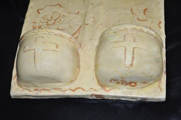 Bénitier en terre cuite émaillée signé MSD Anne Dangar Moly-Sabata