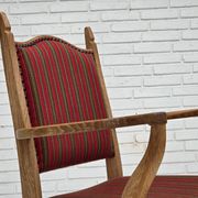 1970s, Danish armchair, striped red furniture wool, solid oak wood.