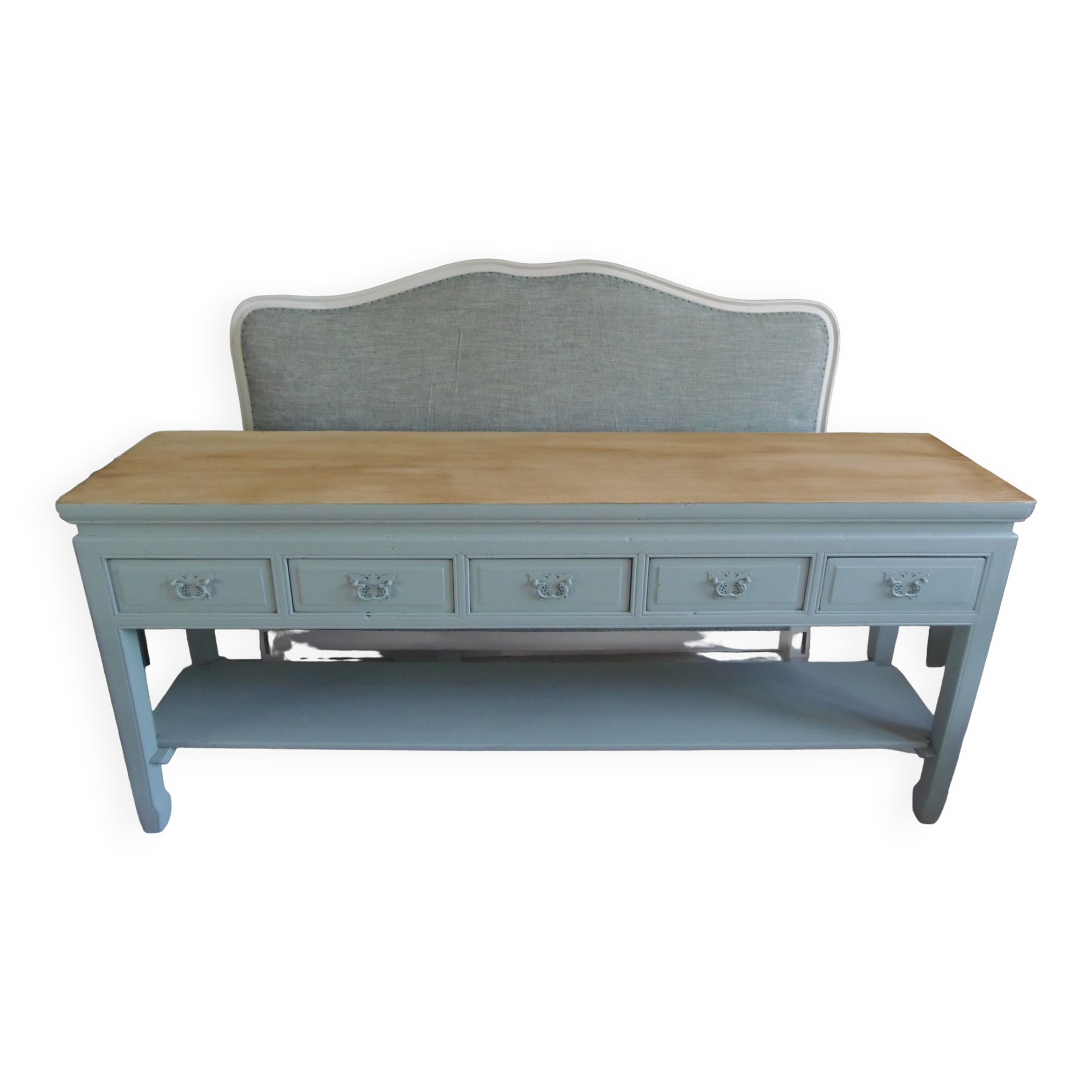Console 5 drawers 1 re-enchanted tablet in gray green wooden top