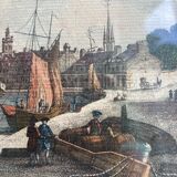 Gravure ancienne, vue du port de Morlaix , XX siècle