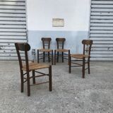 Set de 4 chaises brutalistes bois et corde, art populaire