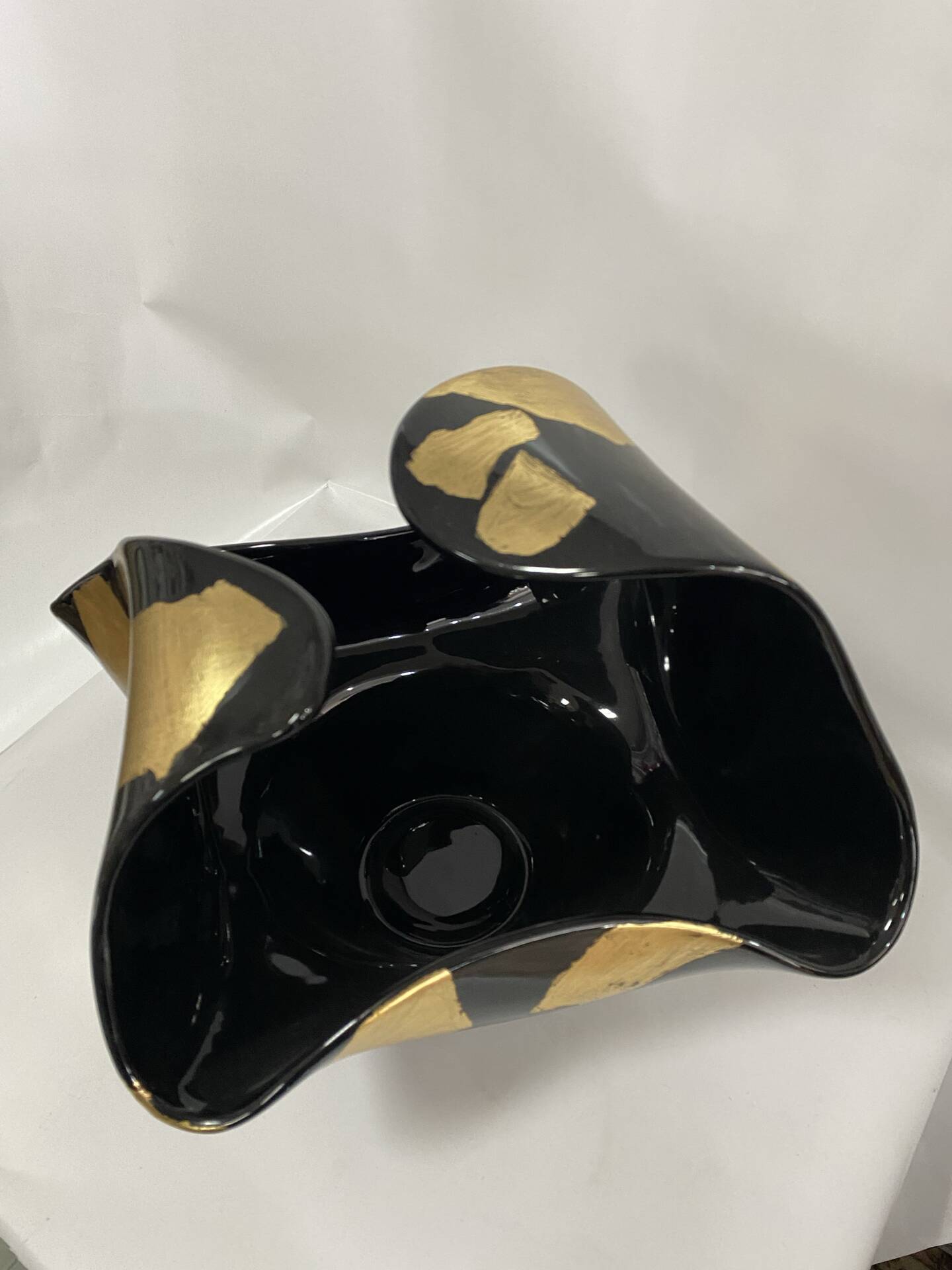 Black Murano-Style Art Glass Centerpiece Bowl with Gold Leaf Accents