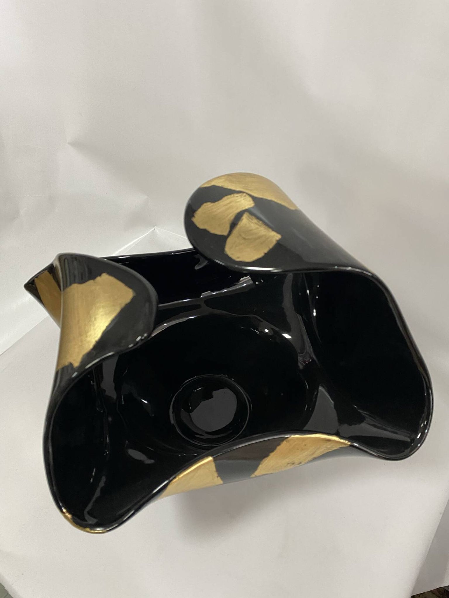 Black Murano-Style Art Glass Centerpiece Bowl with Gold Leaf Accents