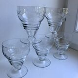 Set of 5 crystal wine glasses engraved 60s