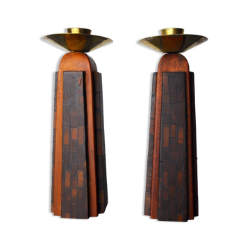 Pair of "David" candlesticks in olive wood, Handcrafted in Israel, 1960