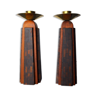 Pair of "David" candlesticks in olive wood, Handcrafted in Israel, 1960