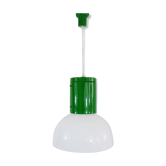 Vintage industrial suspension in green metal and white plastic lampshade. Year 70
