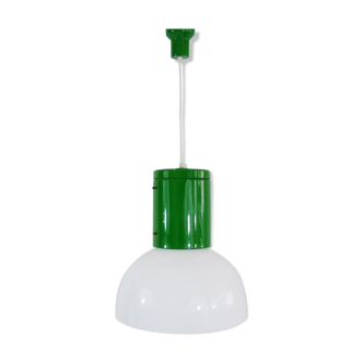 Vintage industrial suspension in green metal and white plastic lampshade. Year 70
