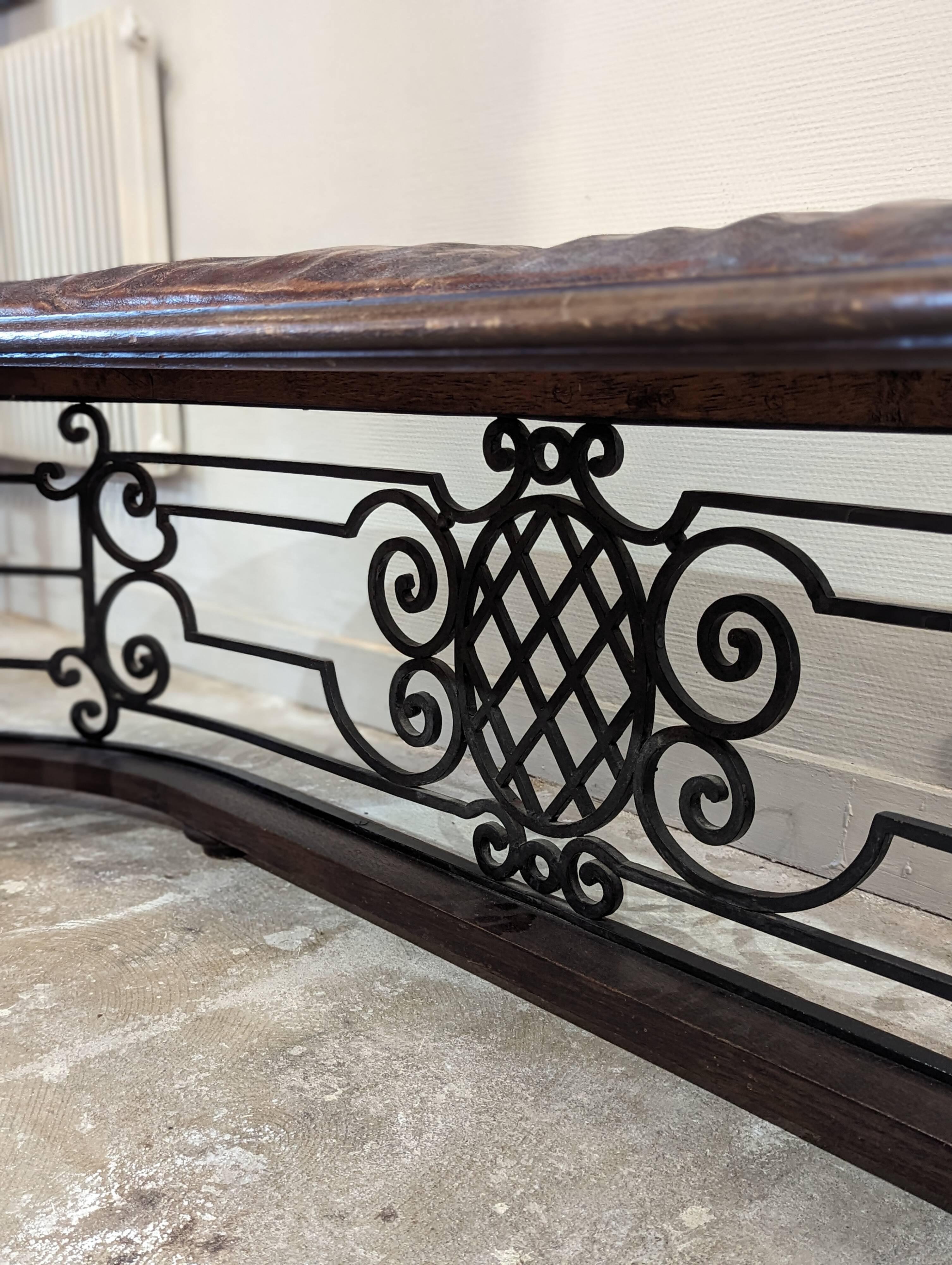 Old fireplace bench, wrought iron leather and oak
