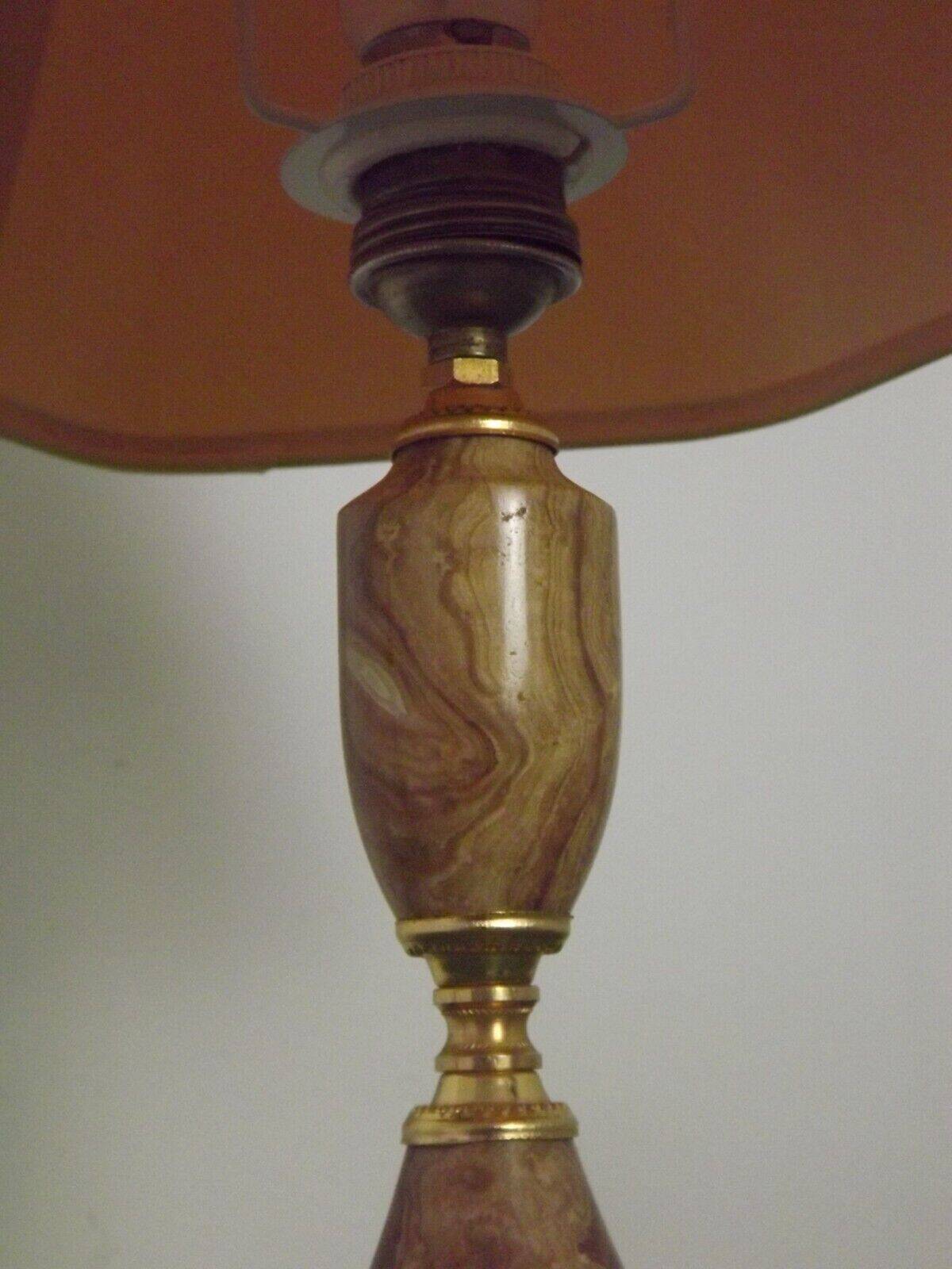 French vintage round brown marble table lamp gold detail beige fabric shade 4059