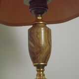 French vintage round brown marble table lamp gold detail beige fabric shade 4059