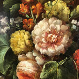 Procédé sur toile rehaussé à la main, bouquet de fleurs sur entablement