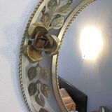Round gold metal mirror, rose crown
