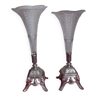 Pair of soliflore vase in metal and glass