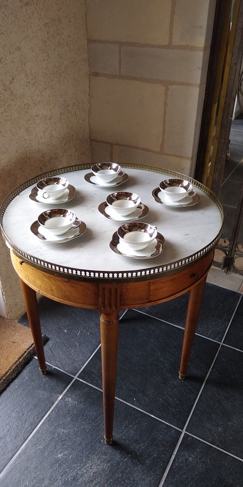 6 tea cups in fine porcelain Epiag white and gray moiré steel