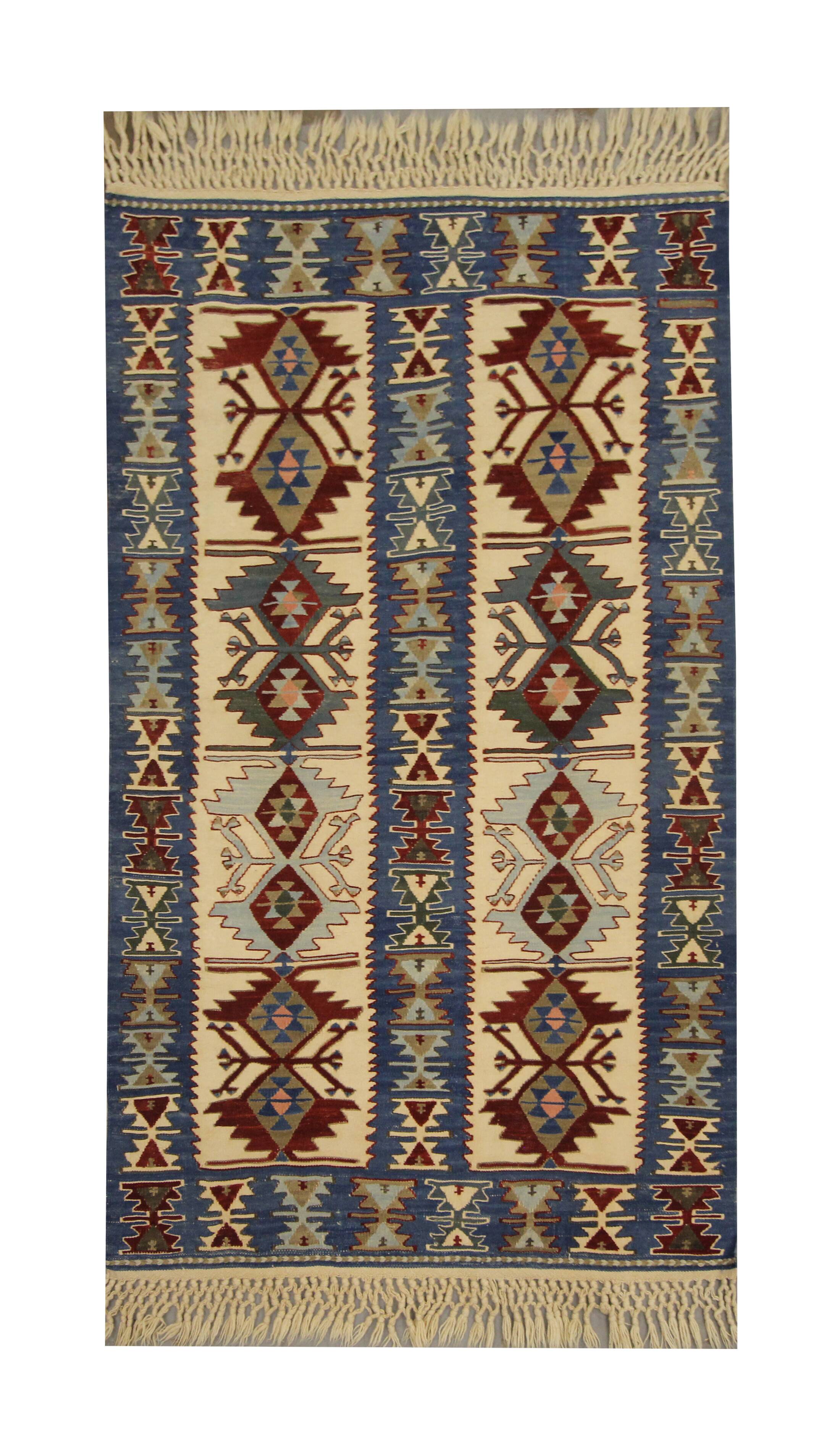 Turkish Antique Kilim Runner Blue Geometric Tribal Hallway Rug 90 x 142 cm